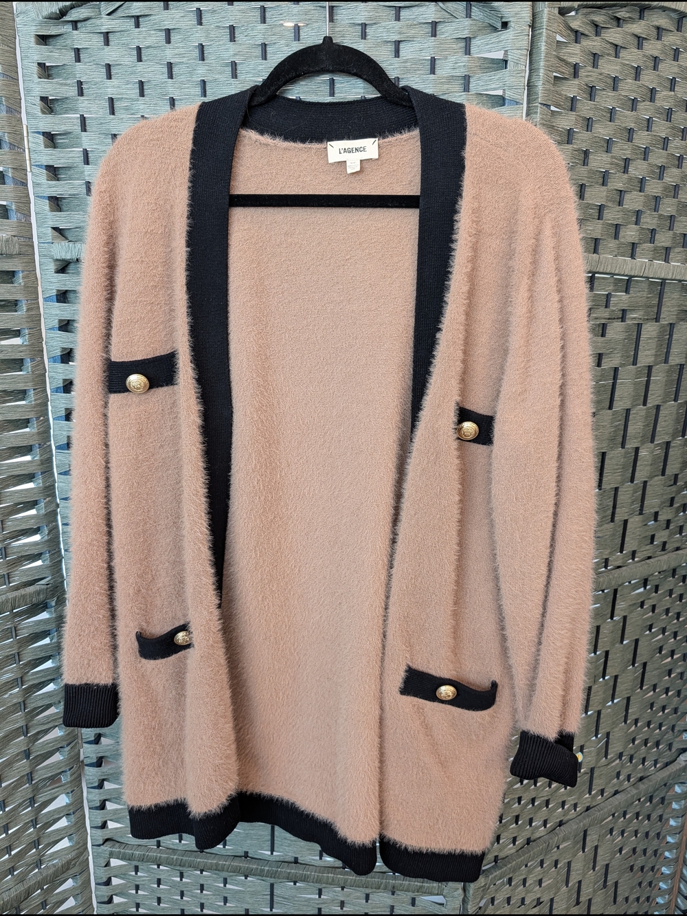 L'AGENCE Blush Cardigan with Black Trim and Gold Buttons